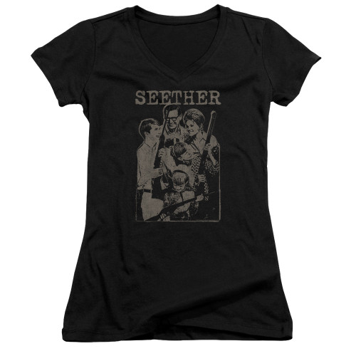 Seether Happy Family Junior Women's T-Shirt V Neck Black