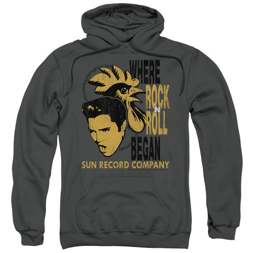 Sun Records Elvis And Rooster Adult Pullover Hoodie Sweatshirt Charcoal