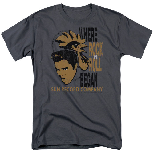 Sun Records Elvis And Rooster S/S Adult 18/1 T-Shirt Charcoal