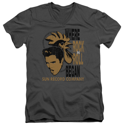 Sun Records Elvis And Rooster S/S Adult V Neck T-Shirt Charcoal