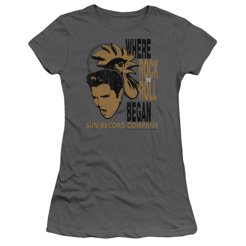 Sun Records Elvis And Rooster S/S Junior Women's T-Shirt Sheer Charcoal