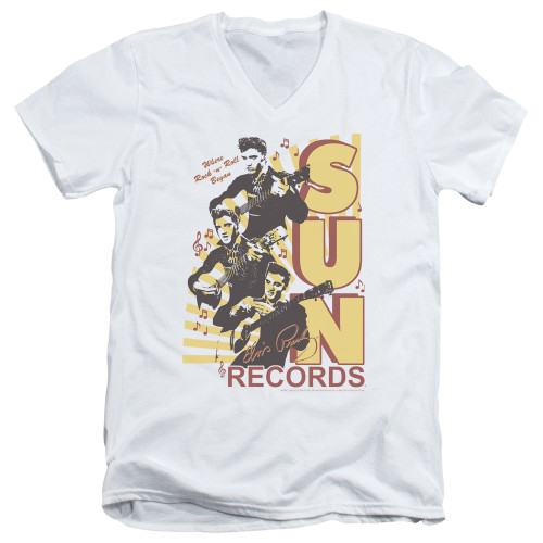 Sun Records Tri Elvis S/S Adult V Neck T-Shirt White