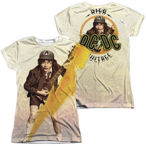 AC/DC Higher Voltage (Front/Back Print) Junior Women's Sublimated Crew T-Shirt White