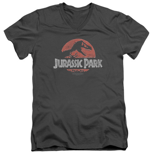 Jurassic Park Faded Logo Adult V-Neck T-Shirt Charcoal