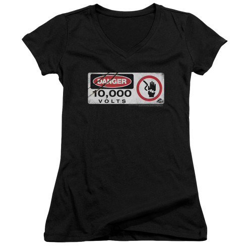 Jurassic Park Electric Fence Sign Junior Women's V-Neck T-Shirt Black