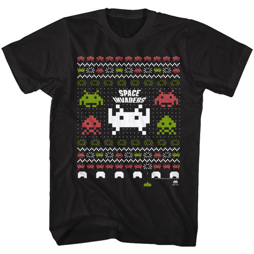 Space Invaders Space Xmas Black Adult T-Shirt