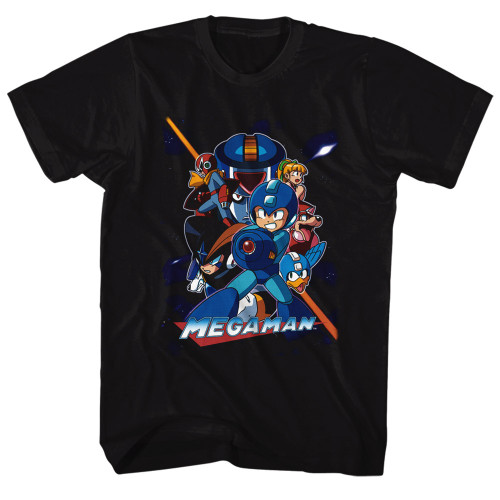 Mega Man Collage Orange Beam Black Adult T-Shirt - Clearance