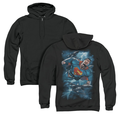 Superman Stormy Flight (Back Print) Adult Zipper Hoodie Sweatshirt Black