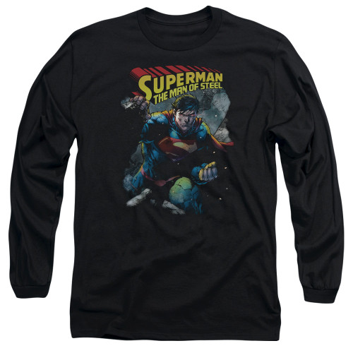 Superman Through The Rubble Adult Long Sleeve T-Shirt Black