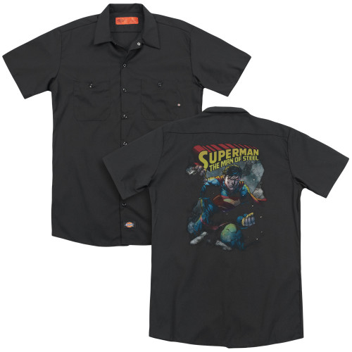 Superman Through The Rubble(Back Print) Adult Work Shirt Black