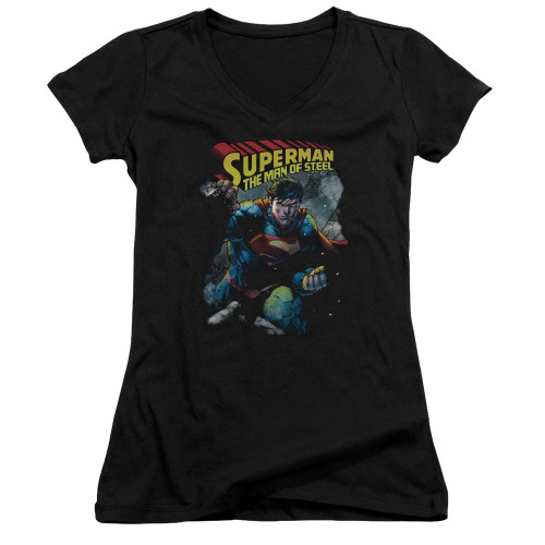 Superman Through The Rubble Junior Women's V-Neck T-Shirt Black