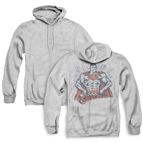 Superman Vintage Stance (Back Print) Adult Zipper Hoodie Sweatshirt Athletic Heather