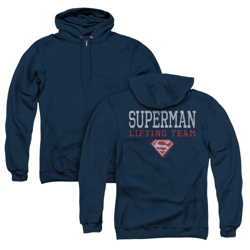 Superman Lifting Team (Back Print) Adult Zipper Hoodie Sweatshirt Navy