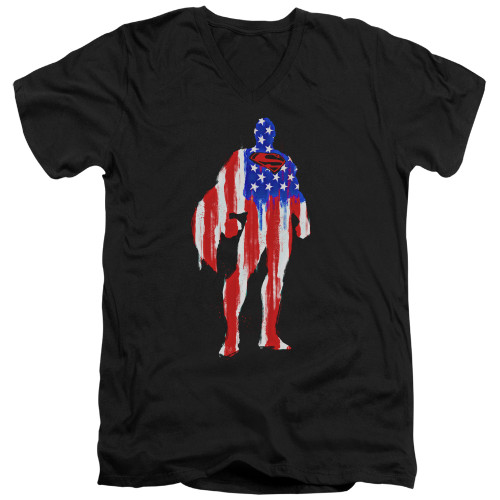 Superman Flag Silhouette Adult V-Neck T-Shirt Black