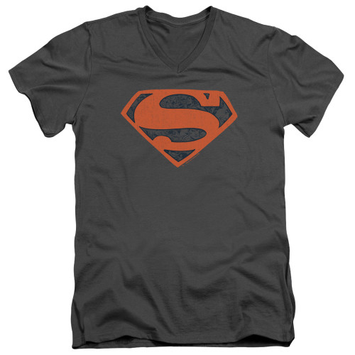 Superman Vintage Shield Collage Adult V-Neck T-Shirt Charcoal