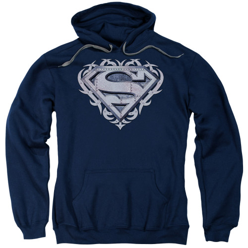 Superman Tribal Steel Shield Adult Pullover Hoodie Sweatshirt Navy