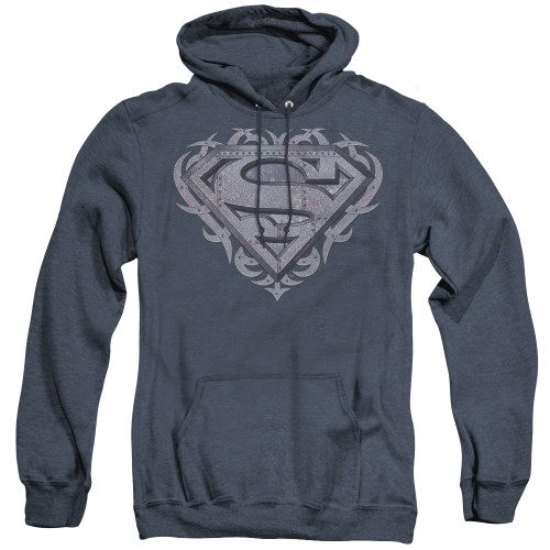 Superman Tribal Steel Shield Adult Heather Hoodie Sweatshirt Navy