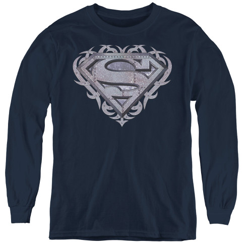 Superman Tribal Steel Shield Youth Long Sleeve T-Shirt Navy