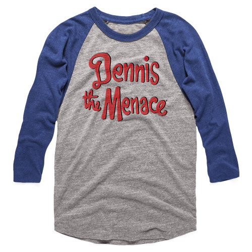 Dennis The Menace Logo Gray/Blue Adult Baseball Raglan T-Shirt - Clearance