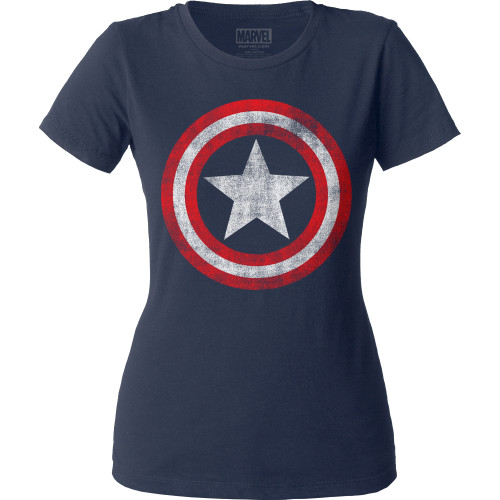 Captain America Distressed Shield Junior Women's Crew Classic T-Shirt - Clearance