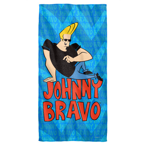Johnny Bravo Logo Repeat Cotton Front Poly Back Beach Towel White 30x60