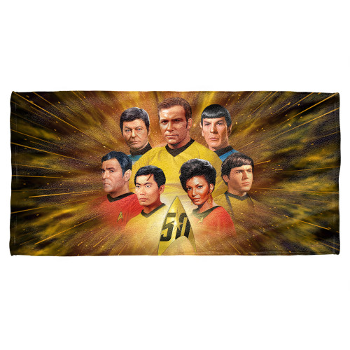 Star Trek 50Th Crew Cotton Front Poly Back Beach Towel White 30x60