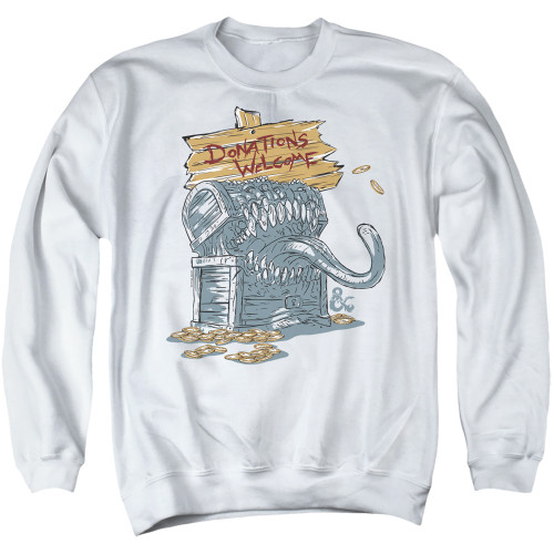 Dungeons and Dragons Donations Welcome Mimic Adult Crewneck Sweatshirt White