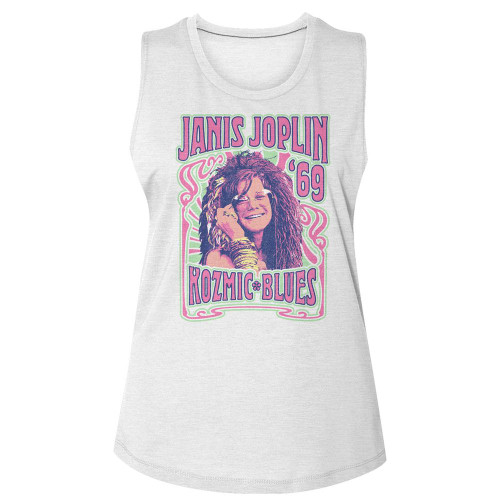 Janis Joplin Kozmic Blues White Women's Slub Sleeveless Crew Neck T-Shirt