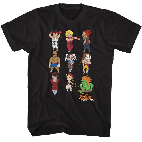 Street Fighter Chibi Characters Stacked Black Adult T-Shirt