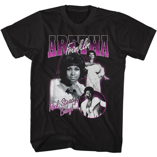 Aretha Franklin Rock Steady Baby Collage Black Adult T-Shirt