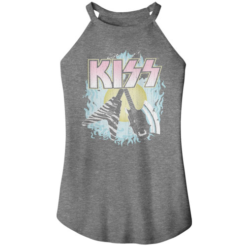 Kiss Two Guitars Gray Frost Women's Sleeveless Rocker Tank Top T-Shirt