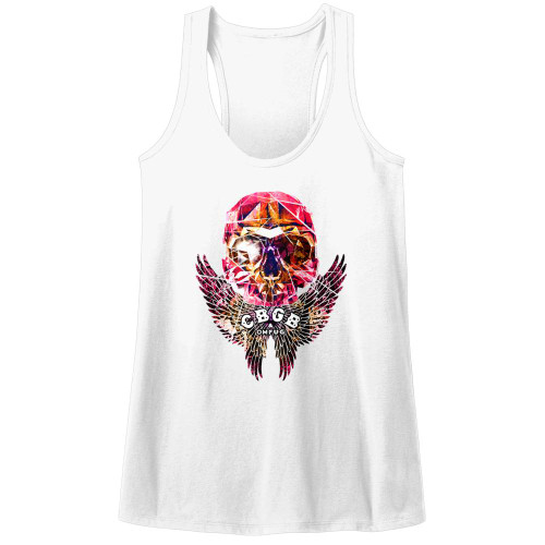 CBGB Faceted Skull Wings White Junior Women's Racerback Tank Top T-Shirt