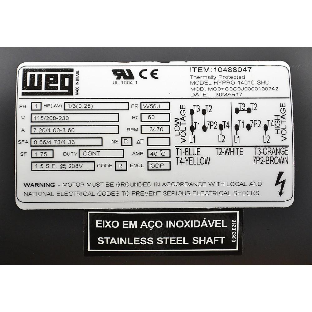 1/3 HP 3470 RPM 115/208-230 Volt AC WEG Motor MO0C0C0J0000100742 [501399]