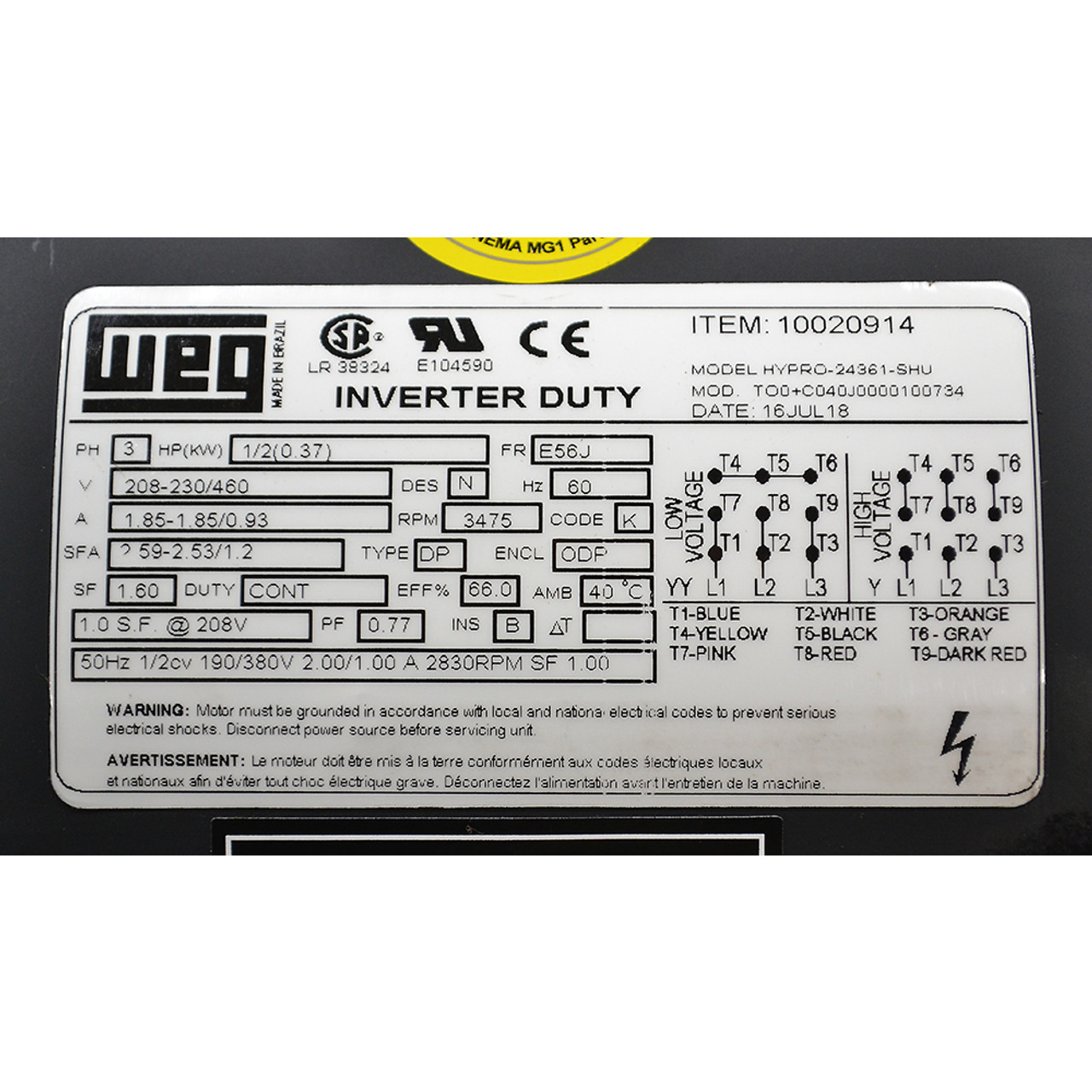1/2 HP 3475 RPM 208-230/460 Volt AC 3Ph WEG Motor TO0C040J0000100734 [501401]