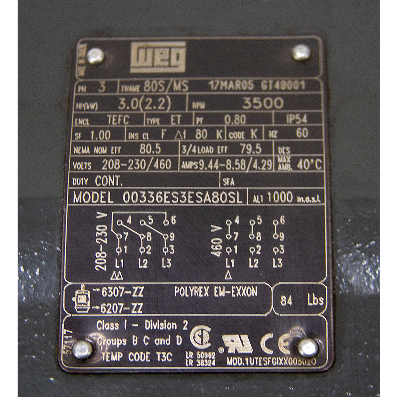 3 HP 3600 RPM 230/460 3Ph Saw Arbor Motor WEG 00336ES3ESA80SL [501456]