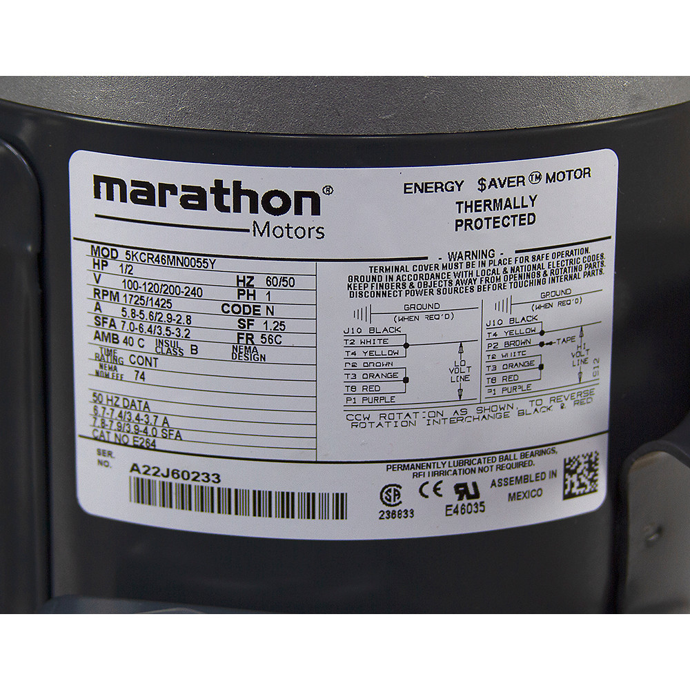 1/2 HP 1725 RPM 120/240 Volt AC Marathon Electric Motor 5KCR46MN0055Y [501455]
