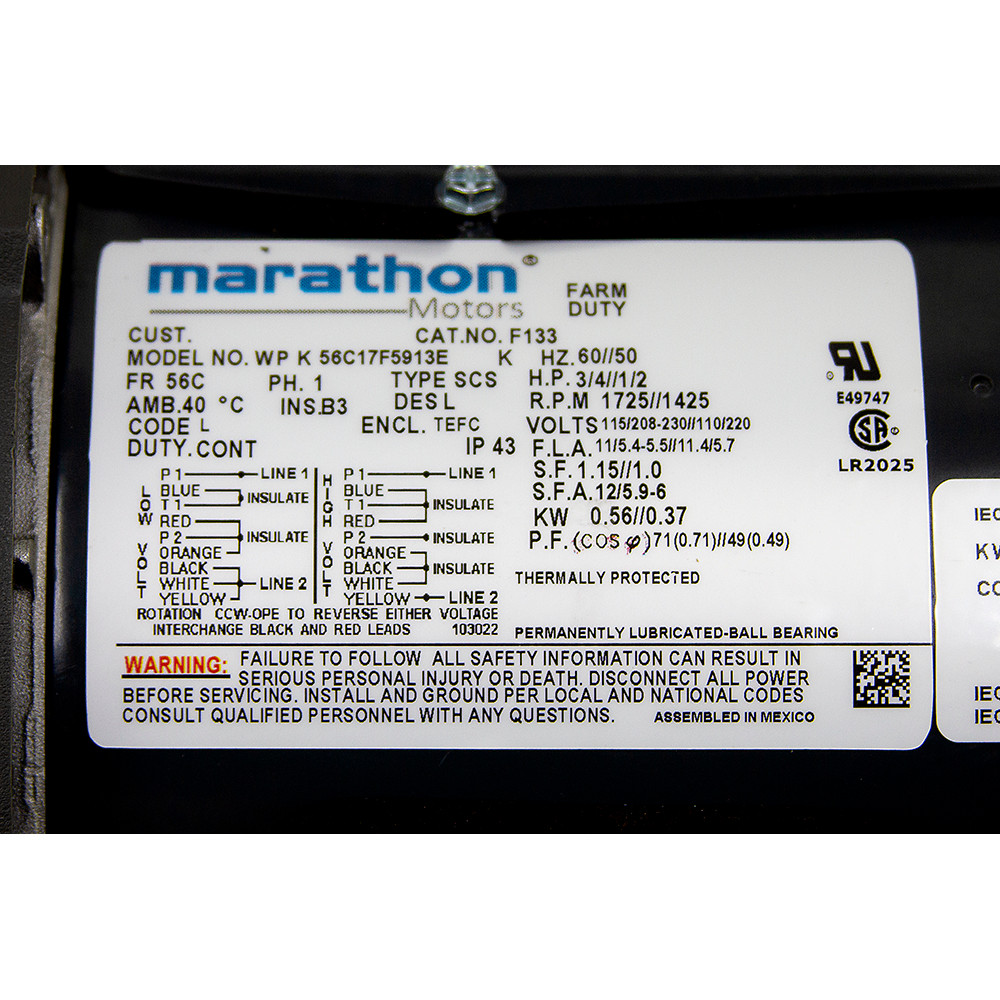 3/4 HP 1725 RPM 115/208-230 Volt AC Marathon Electric Motor 056C17F5913 [501452]