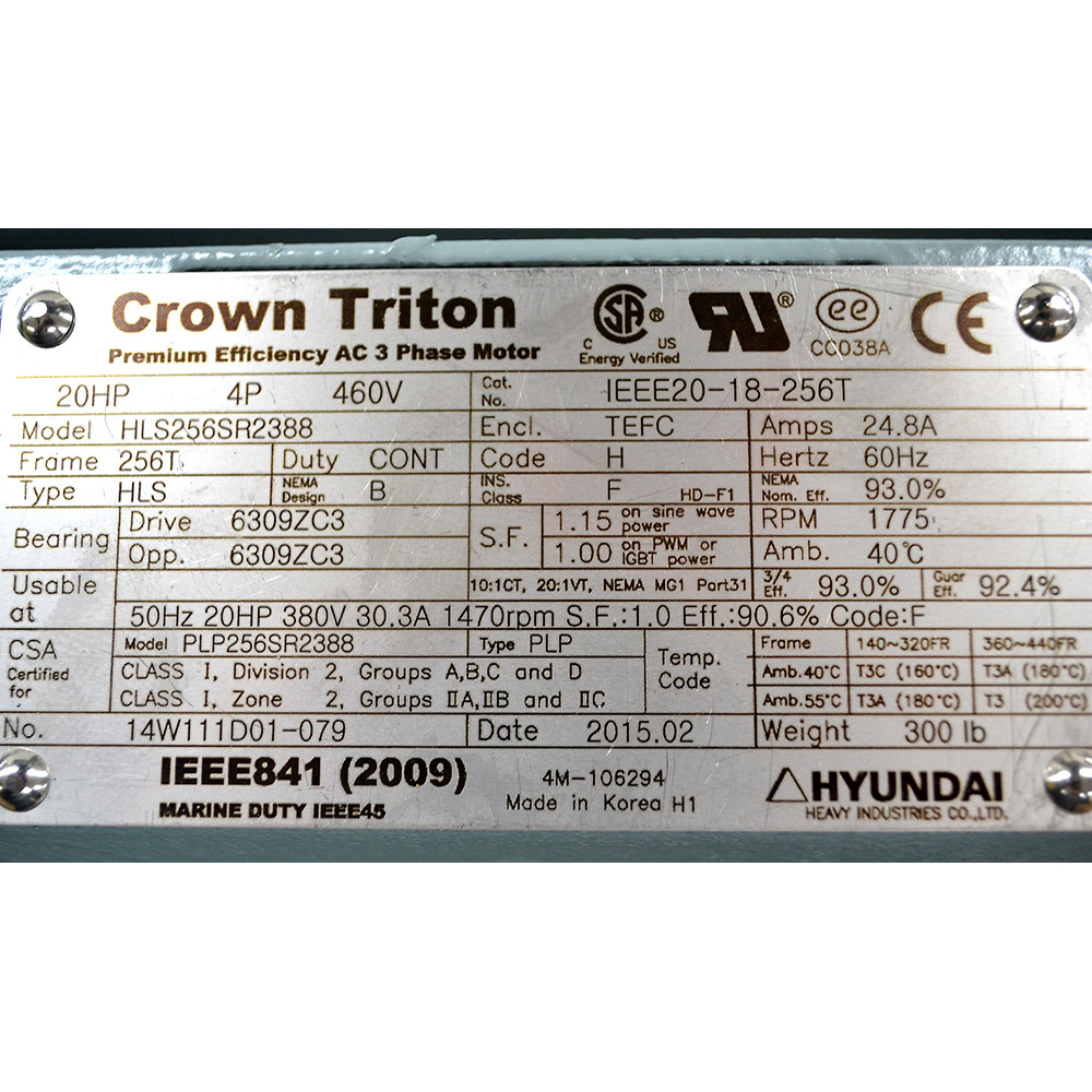 20 HP 1775 RPM 460 Volt AC 3Ph Hyundai Crown Triton Motor IEEE-18-256T HLS256SR2388 [501453]