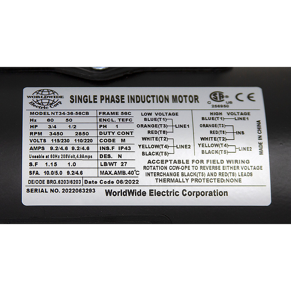 3/4 HP 115/230 Volt AC 3450 RPM  WWE NT34-36-56CB Motor [501552]