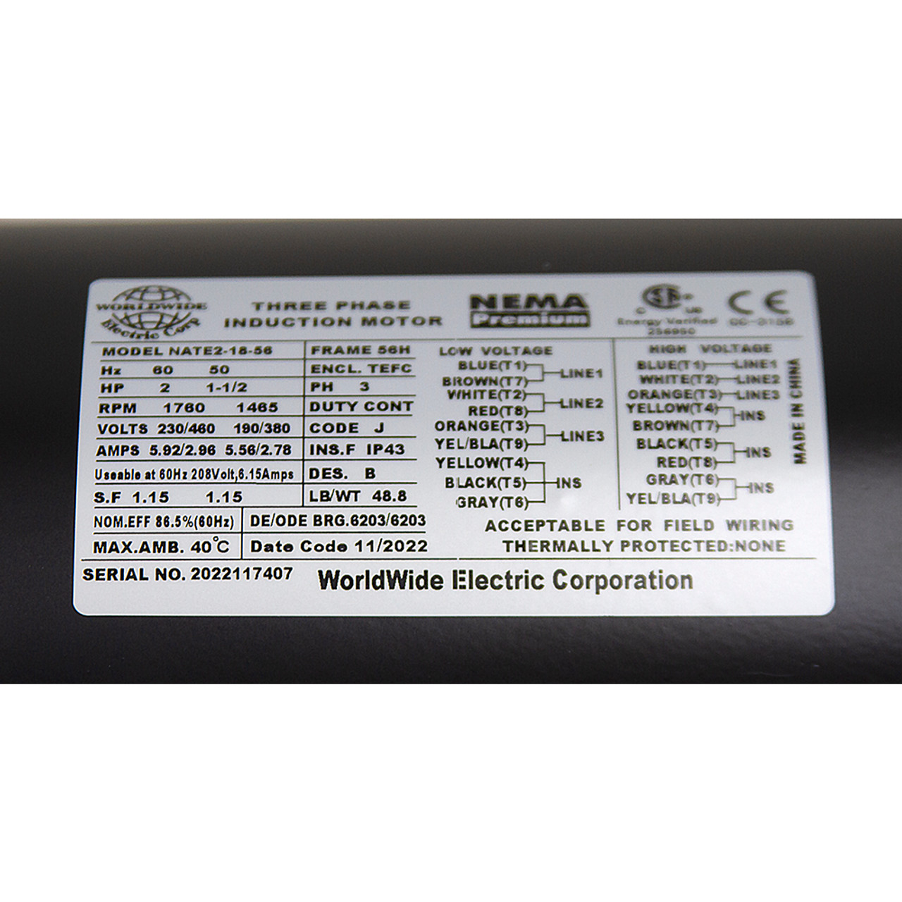 2 HP 230/460 Volt AC 1760 RPM 3PH WWE NATE2-18-56 Motor [501534]