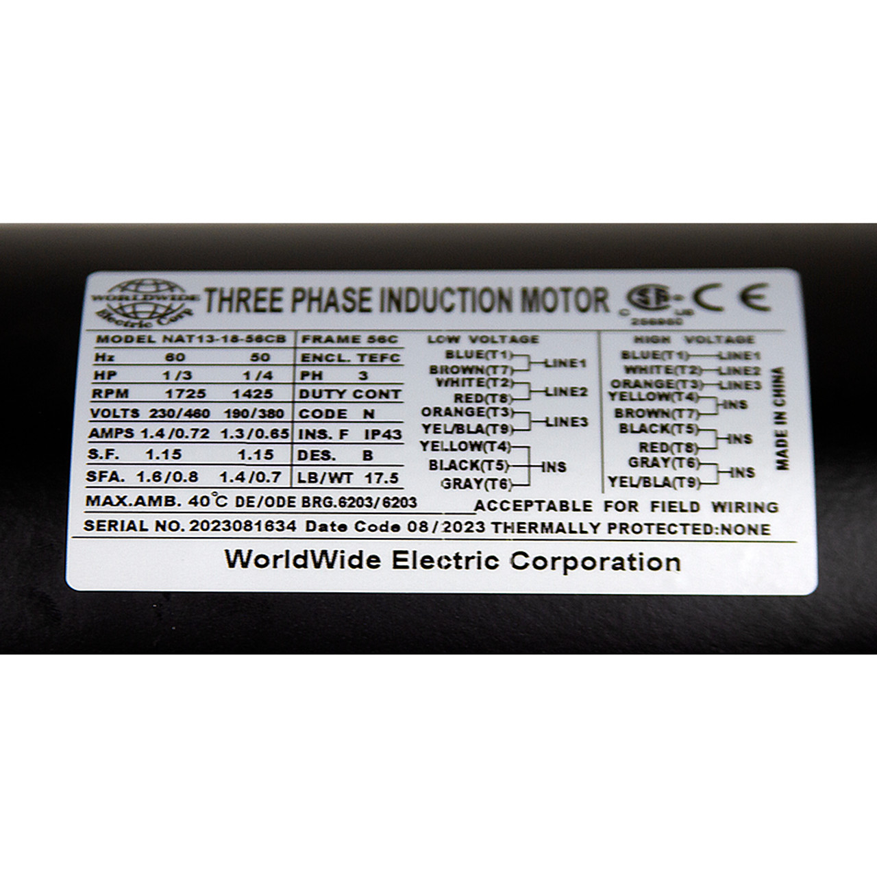 1/3 HP 230/460 Volt AC 3Ph 1725 RPM WWE NAT13-18-56CB Motor [501517]