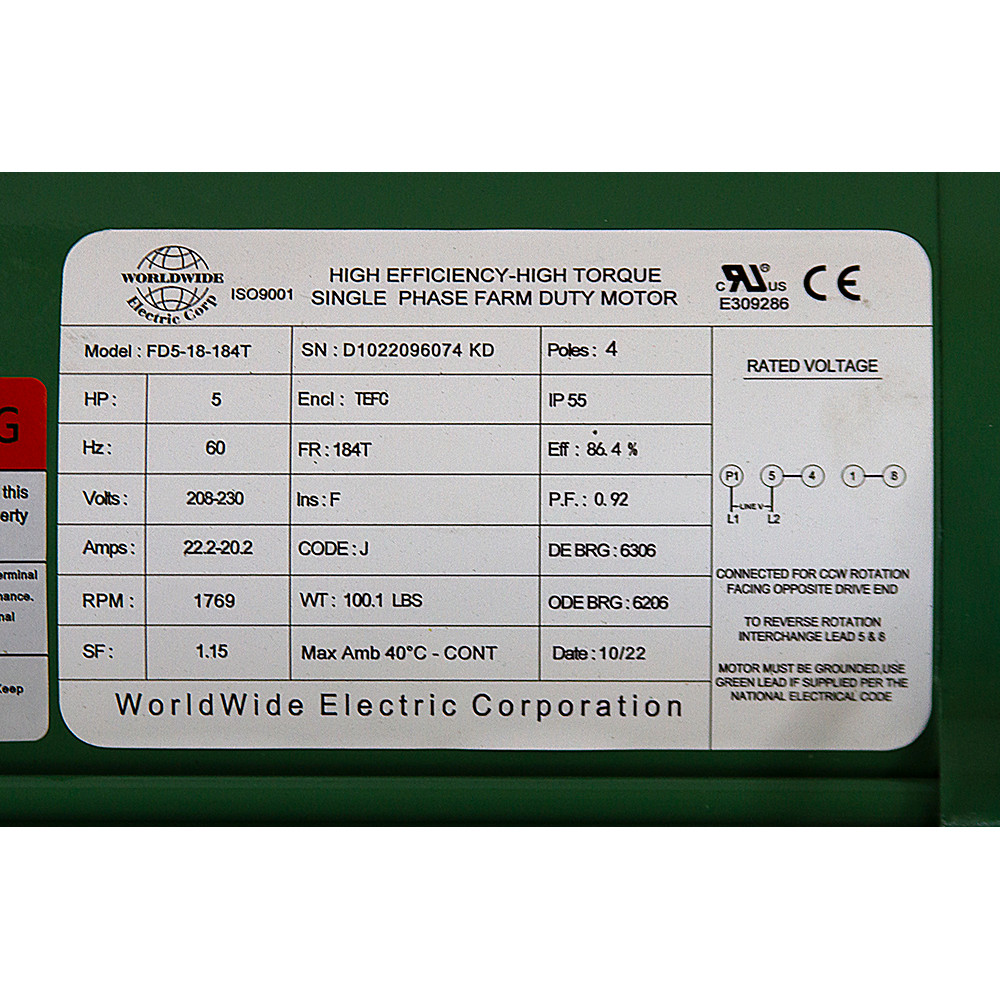 5 HP 208-230 Volt AC 1769 RPM  WWE FD5-18-184T Farm Duty Motor [501561]