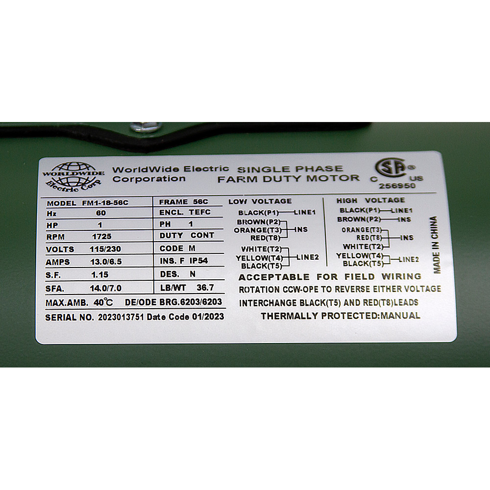 1 HP 115/230 Volt AC 1725 RPM WWE FM1-18-56C Farm Duty Motor [501504]