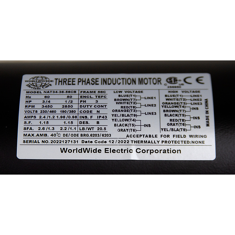 3/4 HP 230/460 Volt AC 3450 RPM WWE NAT34-36-56CB Motor [501523]