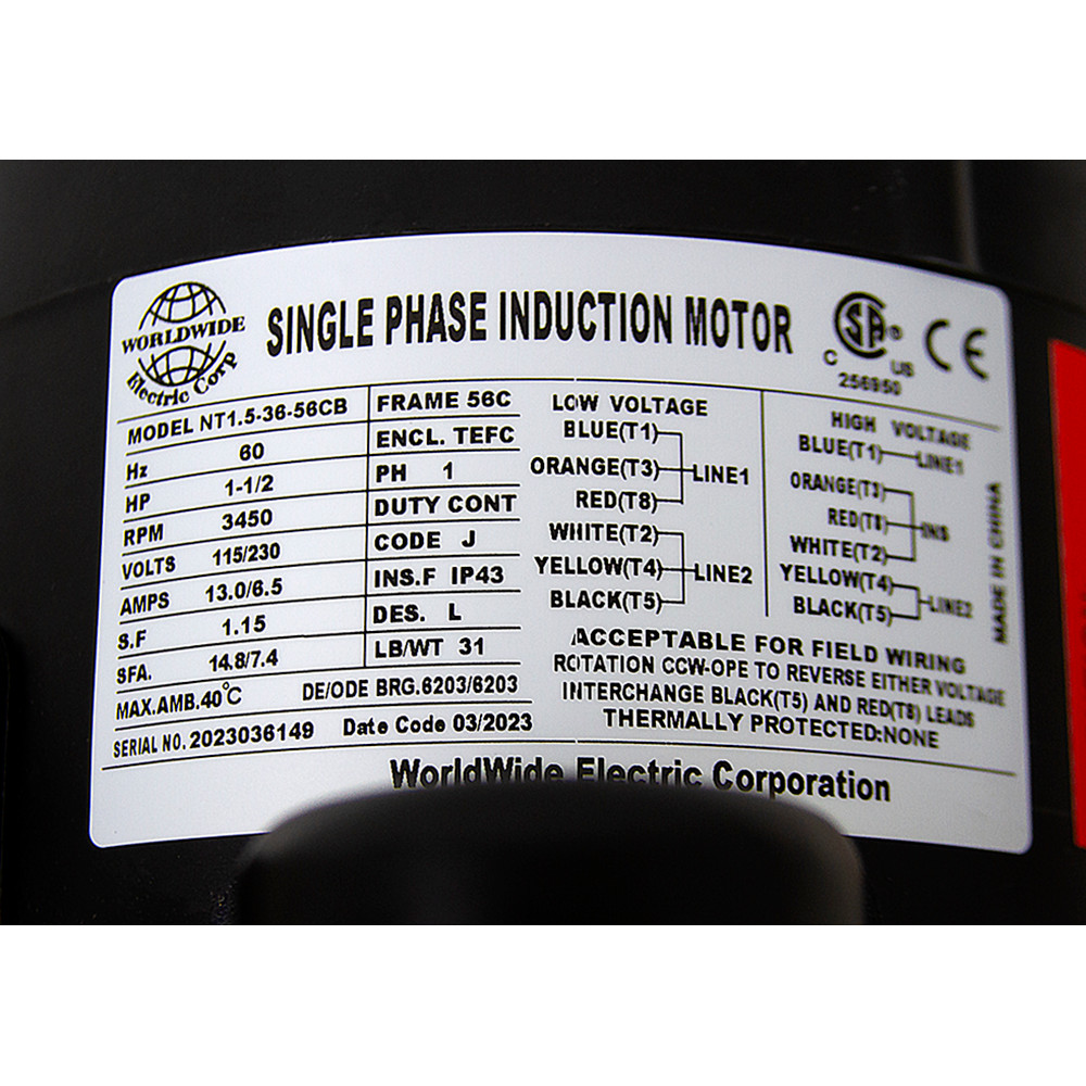1-1/2 HP 115/230 Volt AC 3450 RPM  WWE NT1.5-36-56CB Motor [501542]