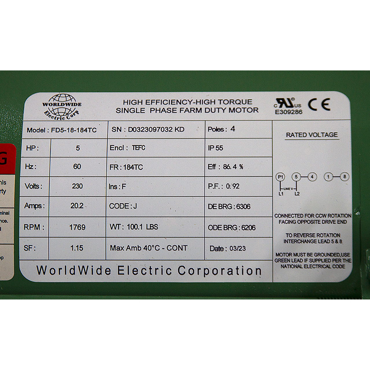 5 HP 230 Volt AC 1769 RPM  WWE FD5-18-184TC Farm Duty Motor [501562]