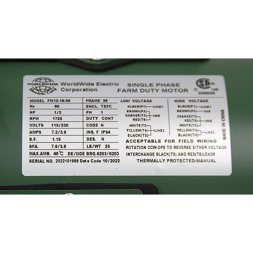 1/2 HP 115/230 Volt AC 1725 RPM WWE FM12-18-56 Farm Duty Motor [501505]