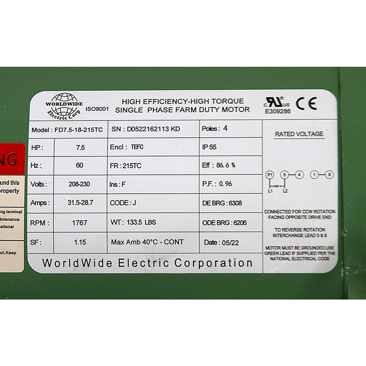 7.5 HP 230 Volt AC 1767 RPM  WWE FD7.5-18-215TC Farm Duty Motor [501564]