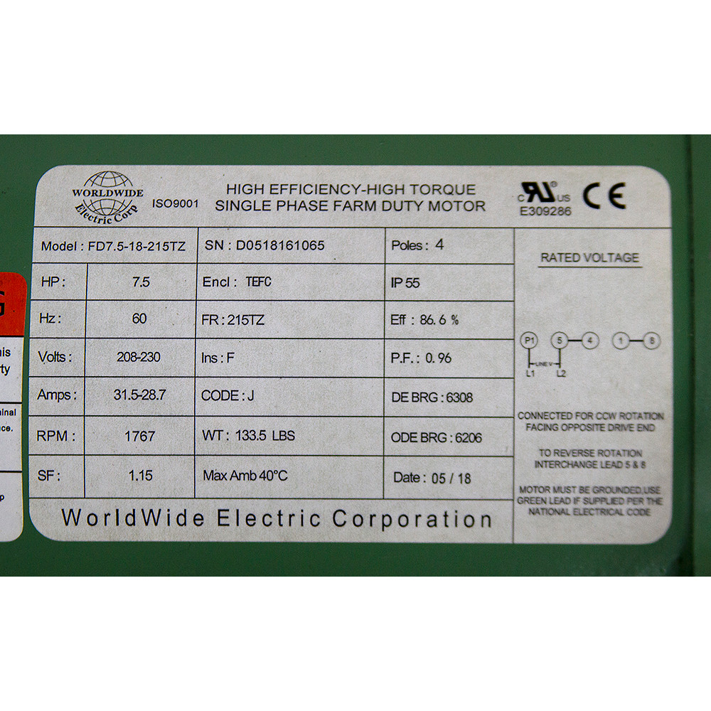 7.5 HP 208-230 Volt AC 1767 RPM  WWE FD7.5-18-215TZ Farm Duty Motor [501565]