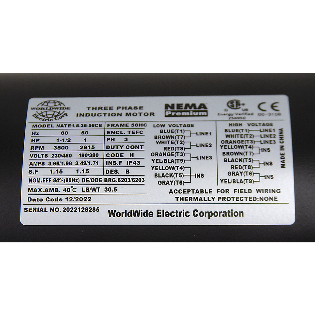 1-1/2 HP 230/460 Volt AC  3500 RPM 3PH WWE NATE1.5-36-56CB Motor [501527]